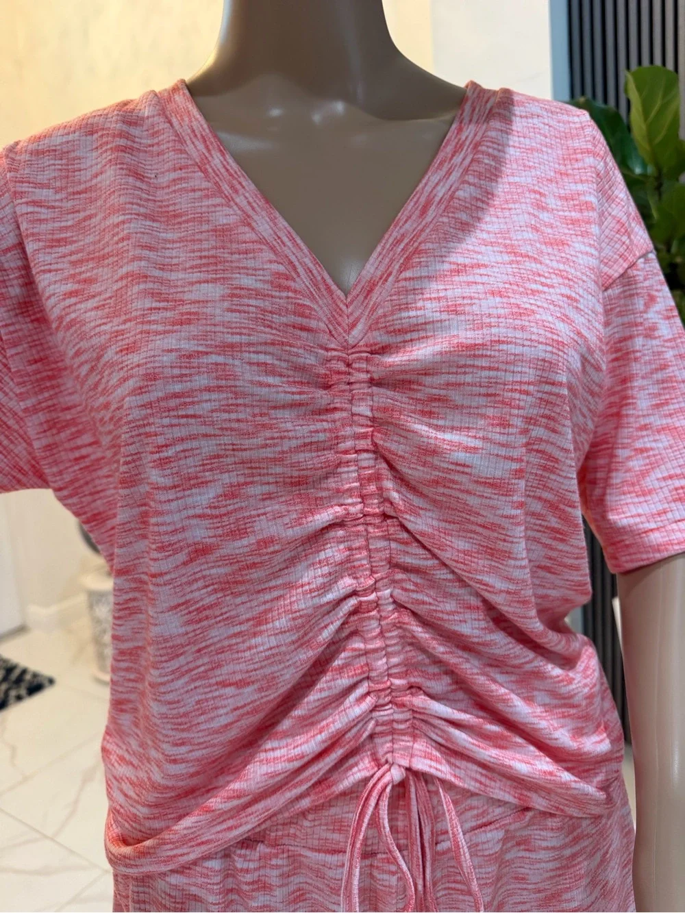 VENUS Pink Marled Ruched V-Neck Lounge Set